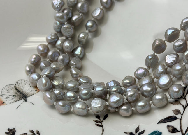 64 inches 8x10mm Rice Nugget Pearl Necklaces Silver Pearl Necklace Natural Freshwater Pearl Necklace #725