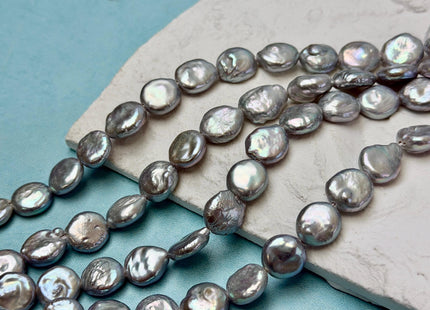 10-11mm AA Half Strand Silver Gray Round Coin Freshwater Pearls 1.2mm 2.1mm Large Hole High Luster Beads #P3683