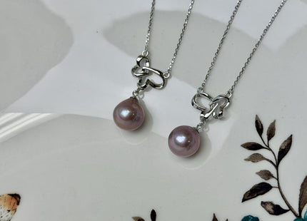 Genuine AAA Peacock Round/Mauve Baroque Freshwater Pearl 925 Sterling Silver Chain Double Heart Design Pearl Bridal Necklace #10341-MPB
