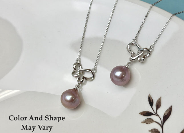 Genuine AAA Peacock Round/Mauve Baroque Freshwater Pearl 925 Sterling Silver Chain Double Heart Design Pearl Bridal Necklace #10341-MPB