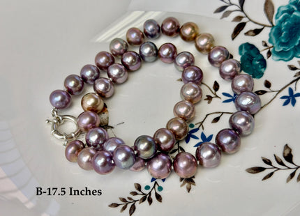 16/17.5 Inches Hand Knotted 10-11mm Natural Dark Mauve Purple Pink Edison Pearl Necklace W/ Silver Clasp #P3709