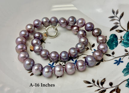 16/17.5 Inches Hand Knotted 10-11mm Natural Dark Mauve Purple Pink Edison Pearl Necklace W/ Silver Clasp #P3709