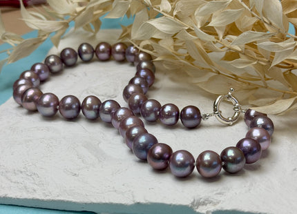 16/17.5 Inches Hand Knotted 10-11mm Natural Dark Mauve Purple Pink Edison Pearl Necklace W/ Silver Clasp #P3709