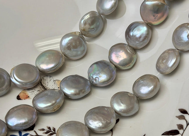 15-18 mm Silver Gray Coin Freshwater Pearl Beads Jumbo Size Coin Pearl Beads C Grade #P3685