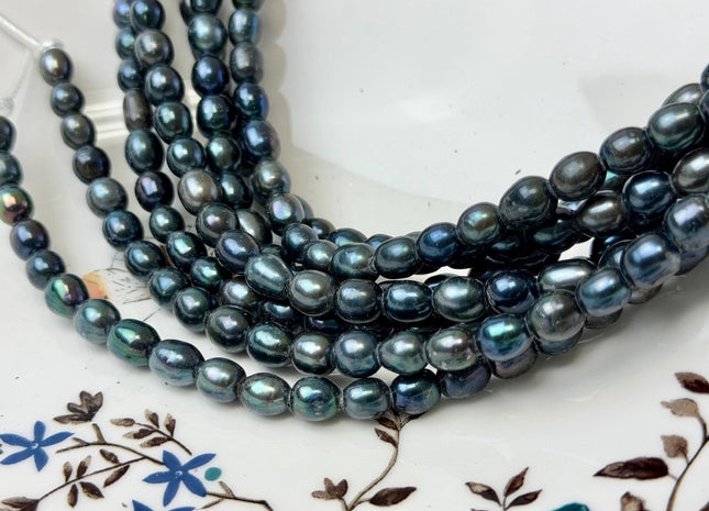 6.5-7x8-9 mm AA Half Strand Black Navy Blue Rice Oval Freshwater Pearl Beads Large Hole Size 2.1 mm 25 Beads #P3688