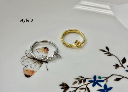 One Piece 925 Sterling Silver or Gold Adjustable Ring For Pearl Setting With Cubic Zirconia Dainty Floral Design #10397