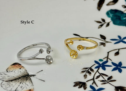 One Piece 925 Sterling Silver or Gold Adjustable Ring For Pearl Setting Dainty Floral Design #10398