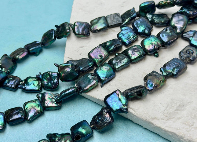10-11 mm Dark Metallic Green Square Coin Pearls Flat Square Freshwater Square Coin Pearl Beads C Grade #P1640
