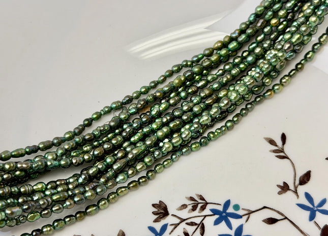 3x4-5 mm Olive Green Small Baby Keshi Baroque Freshwater Pearls Tiny Keshi Pearl Beads 15 Inch Strand #P3605