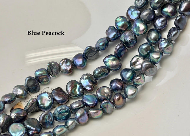 9-12 mm AA Half Strand High Luster Blue Peacock Keshi Nugget Freshwater Pearl Beads Large Hole Size 1.5 mm Pearl Beads #P3694