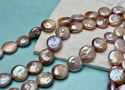 14-15mm AA Half Strand Natural Golden Mauve Pink Large Hole Thick Round Coin Freshwater Pearl Hole Size 1.5mm 12 Beads #P3696