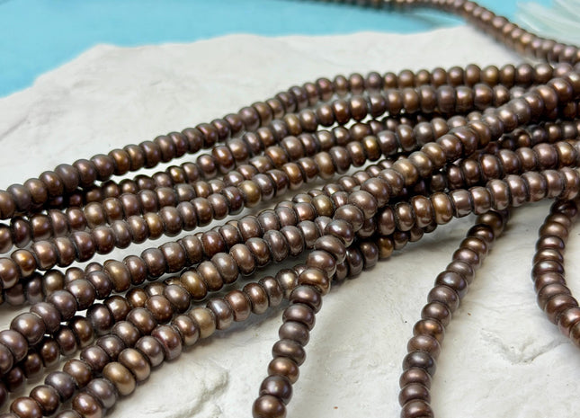 5-6 mm AA Large Hole Half Strand Rare Matte Chocolate Brown Color Round Button Rondelle Freshwater Pearls Hole Size 2.1mm Pearl Beads #1959