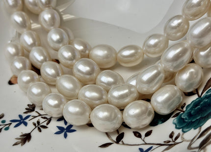 11-13x13-16 mm AAA Half Strand Large 2.1mm Hole Natural Rice/Oval White Freshwater Pearl Bead Genuine Extra Shiny Pearls 13 Beads #P3611