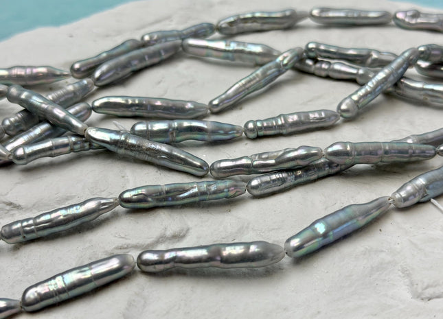 4-5x23-30 mm Silver Gray Biwa Stick Freshwater Pearls Genuine Long Stick Pearls 16 Beads #P3621