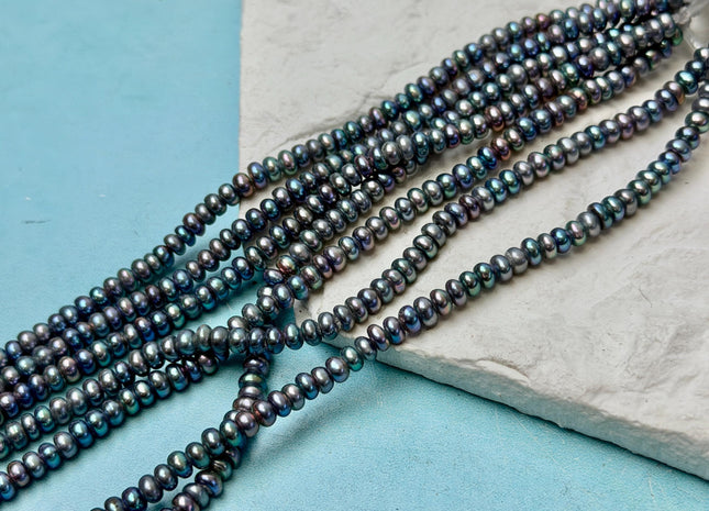 2.5x4-5 mm AAA Large Hole Half Strand Peacock Round Button/Rondelle Freshwater Pearls 1.5mm Hole Size 68 Beads #P3612