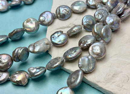 15-17 mm Half Strand Silver Gray Round Coin Pearls Large 2.0mm Hole Freshwater Coin Pearl Beads #P3614