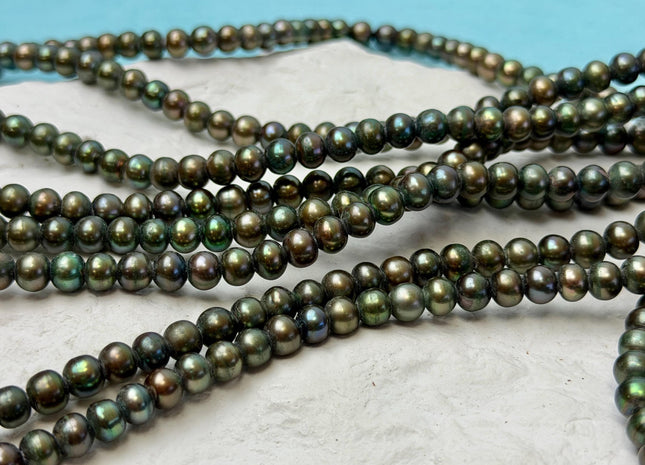 6-6.5 mm Half Strand Dark Olive Green Potato Pearls Large Hole Size 2.0mm Genuine Freshwater Pearl 37 Beads #P3615