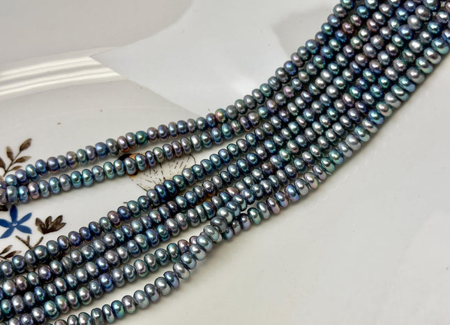 2x4 mm AAA Large Hole Half Strand Peacock Round Button/Rondelle Freshwater Pearls 1.5mm Hole Size 65 Beads #P3629