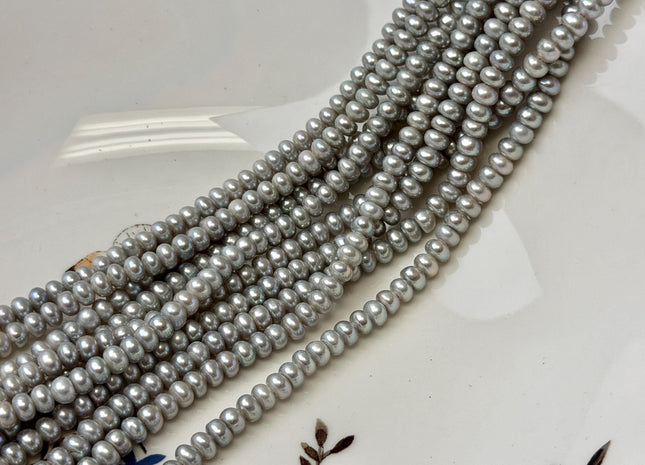 5 mm AA Large Hole Silver Gray Half Strand Round Button Rondelle Freshwater Pearls Hole Size 1.2mm 1.5mm Freshwater Pearl 50 Beads #P3630