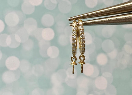 One Pair 925 Sterling Silver Earring Setting With CZ Genuine 925 Sterling Silver Earring Findings For Half Drilled Pearls #10348-k
