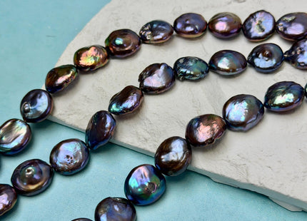 14-15 mm AA Half Strand Blue Peacock Color Coin Freshwater Pearls High Luster Cultured Round Tear Drop Coin Beads #P3645