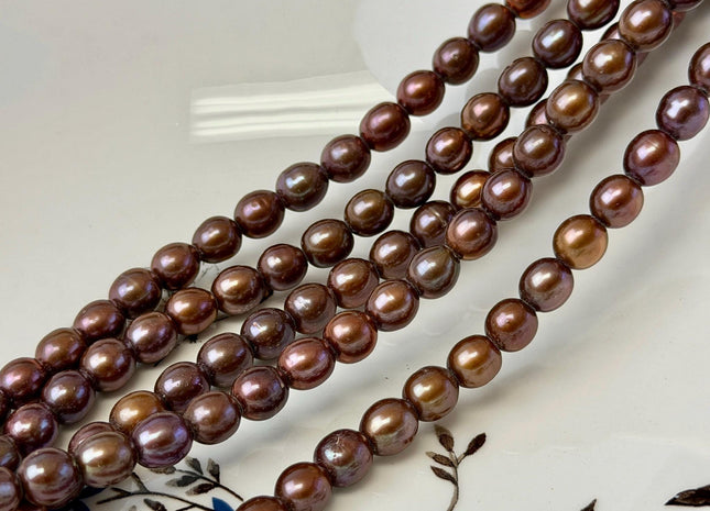 7-7.5x8 mm AA Half Strand Copper Brown Rice Freshwater Pearl Beads Large Hole Size 2.1mm 25 Beads #P3661