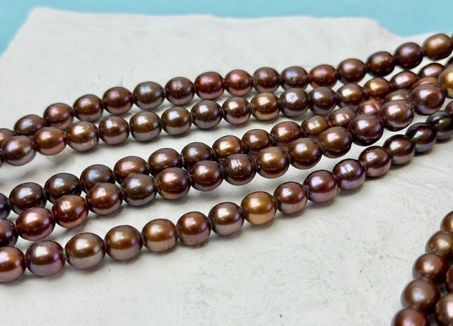 7-7.5x8 mm AA Half Strand Copper Brown Rice Freshwater Pearl Beads Large Hole Size 2.1mm 25 Beads #P3661