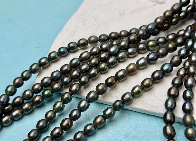 6x7 mm AA Half Strand Dark Olive Green Rice Freshwater Pearl Beads Large Hole Size 2.1mm 27 Beads #P3662