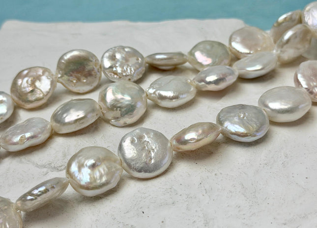 15-18 mm AA Half Strand Natural White Round Coin Freshwater Pearls 2.1mm Large Hole High Luster Beads #P3665