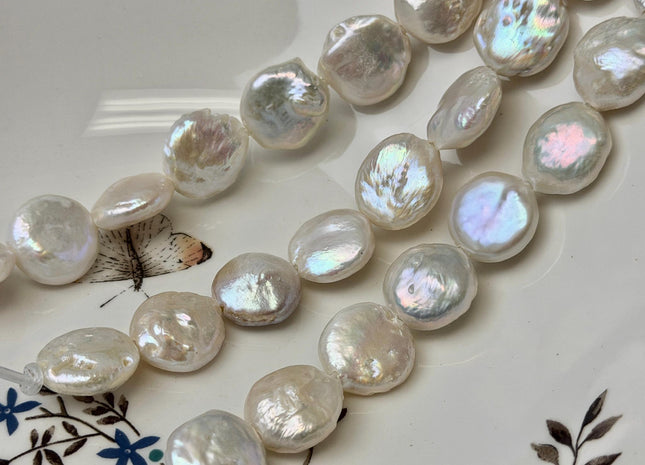15-18 mm AA Half Strand Natural White Round Coin Freshwater Pearls 2.1mm Large Hole High Luster Beads #P3665
