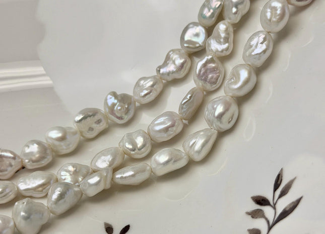 9-10x10-12 mm AAA Half Strand High Luster Natural White Keshi Nugget Large Hole Size 1.5mm Freshwater Pearl Beads #P3663