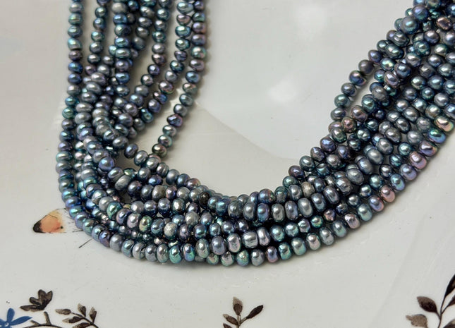 4.5-5 mm Peacock Color Round Button Pearl Genuine Freshwater Pearl Beads 14 Inches #P3669