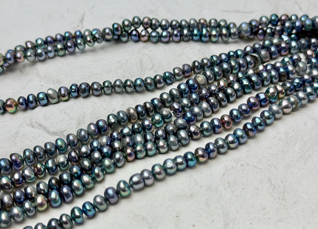 4.5-5 mm Peacock Color Round Button Pearl Genuine Freshwater Pearl Beads 14 Inches #P3669