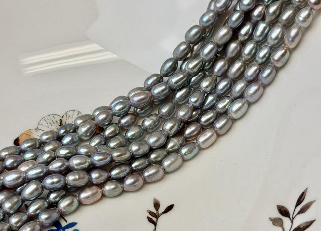 5-5.5x7-8 mm AA Half Strand Pinkish Silver Gray Rice Freshwater Pearl Beads Large Hole Size 1.5mm 25 Beads #P3671