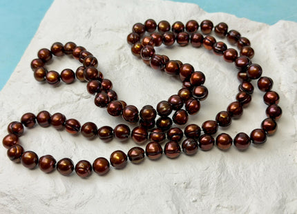 40 Inches Hand Knotted 9-10 mm Potato Burgundy Brown Color Freshwater Pearl Necklaces Long Pearl Necklace #P3675