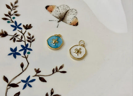 Turtle Design Charms for Necklace Jewelry Making, 18K Gold Filled Charm Enamel Colored Medallion Pendant, One Piece #CR0099