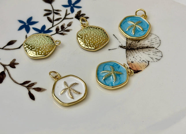 Starfish Design Charms for Necklace Jewelry Making, 18K Gold Filled Charm Enamel Colored Medallion Pendant, One Piece #CR0102