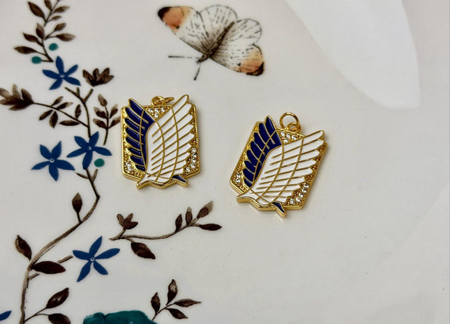 Attack on Titan Wings of Freedom Charms for Necklace Jewelry Making, 18K Gold Filled Charm Enamel Colored Pendant With CZ, One Piece #CR0103