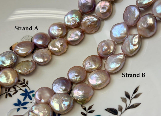 14-15mm AA Half Strand Natural Mauve Pink Large Hole Thick Coin Freshwater Pearl Hole Size 1.5mm 11-12 Beads #P3678