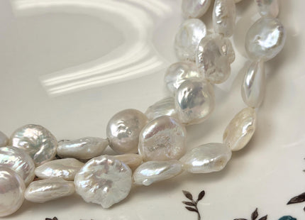 17-18mm AA Half Strand Natural White Thick Round Coin Freshwater Pearls 2.1mm Large Hole High Luster Beads #P3706