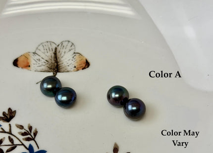 AAAA One Pair 8.5-9 mm High Luster Round Button Half Drilled Freshwater Pearls Blue Peacock Earring Pearls #P3707