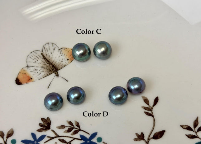AAAA One Pair 8.5-9 mm High Luster Round Button Half Drilled Freshwater Pearls Blue Peacock Earring Pearls #P3707