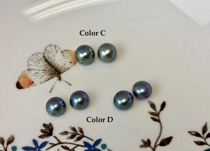 AAAA One Pair 8.5-9 mm High Luster Round Button Half Drilled Freshwater Pearls Blue Peacock Earring Pearls #P3707