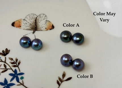 AAAA One Pair 8.5-9 mm High Luster Round Button Half Drilled Freshwater Pearls Blue Peacock Earring Pearls #P3707