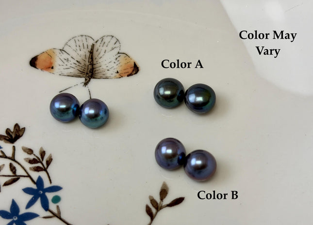 AAAA One Pair 8.5-9 mm High Luster Round Button Half Drilled Freshwater Pearls Blue Peacock Earring Pearls #P3707