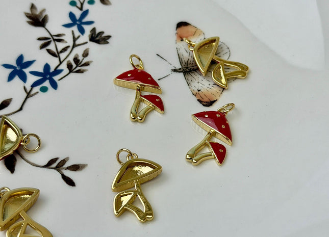 Red Mushroom Dainty Cute Charms for Necklace Jewelry Making, 18K Gold Filled Charm Enamel Colored Pendant With CZ, One Piece #CR0105
