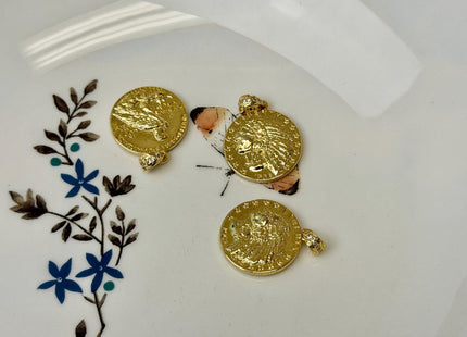 Native American Nickel Oxidized Charms for Necklace Jewelry Making, 18K Gold Filled Charm Medallion Pendant W CZ Crystals, One Piece #CR0107