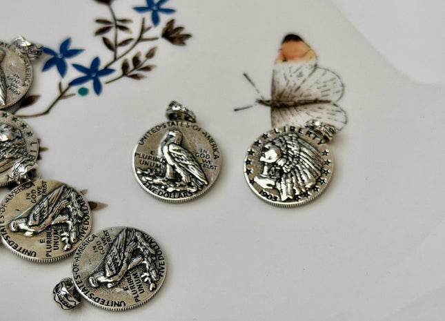 Native American Nickel Oxidized Charms for Necklace Jewelry Making, 18K Gold Filled Charm Medallion Pendant W CZ Crystals, One Piece #CR0107