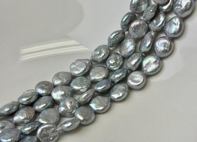 10-11mm AA Half Strand Silver Gray Round Coin Freshwater Pearls 1.2mm 2.1mm Large Hole High Luster Beads #P3683
