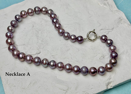 16/17.5 Inches Hand Knotted 10-11mm Natural Dark Mauve Purple Pink Edison Pearl Necklace W/ Silver Clasp #P3709